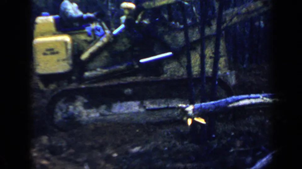 Side view of the 1957 home-movie tractor scene, with the yellow tracked machine near cut wood and tree trunks.