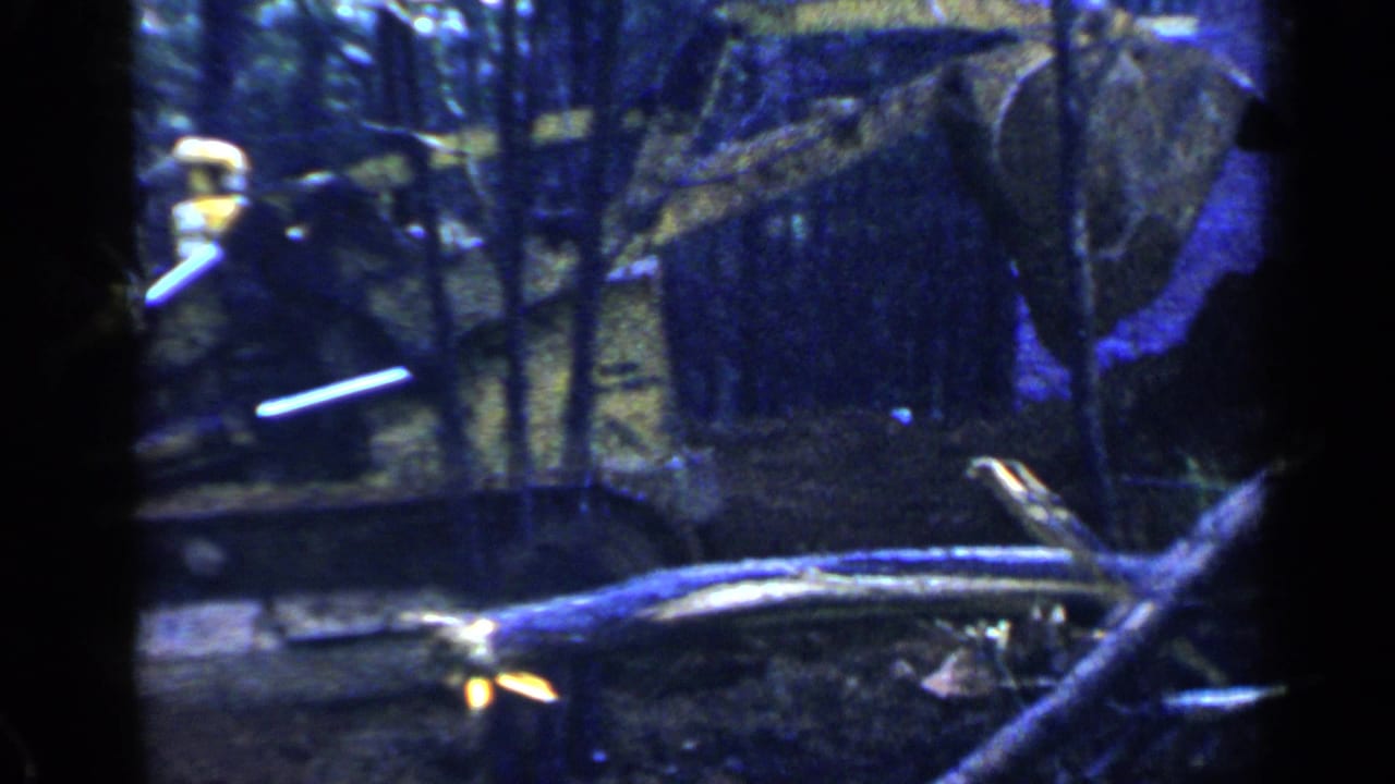 Bulldozer blade and wooded terrain seen through dark vertical frame edges.