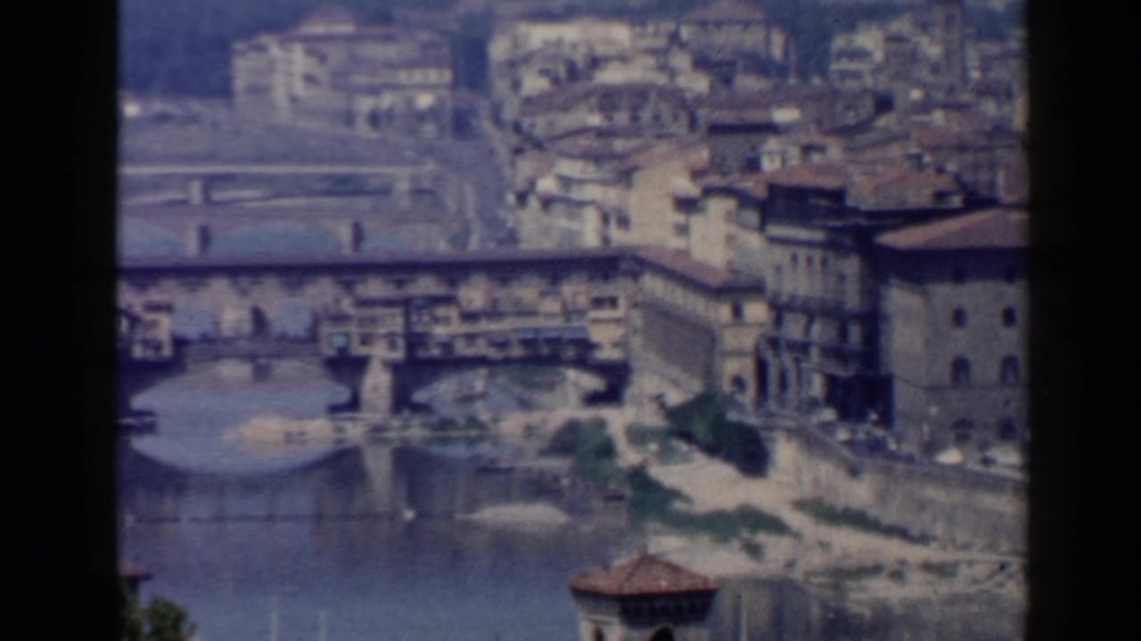 Elevated view of the Arno River and Ponte Vecchio in Florence.