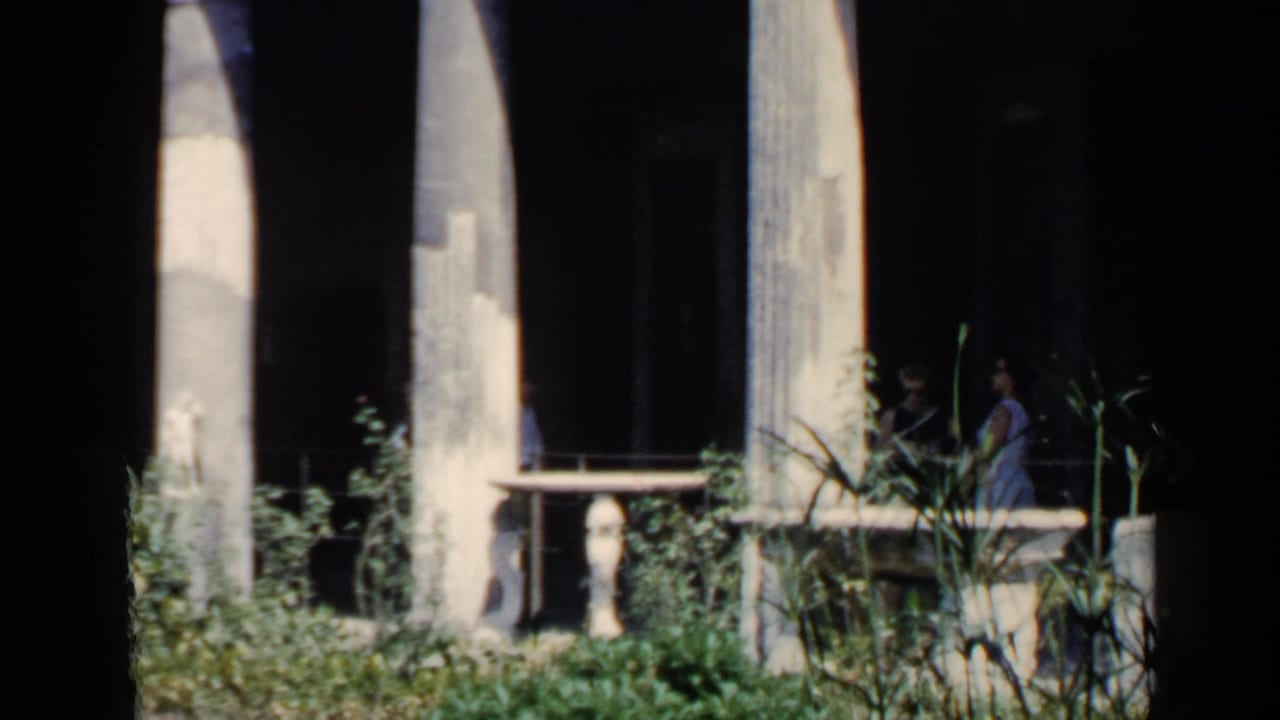 Tourists stand behind stone columns and greenery in a shaded ruin area.