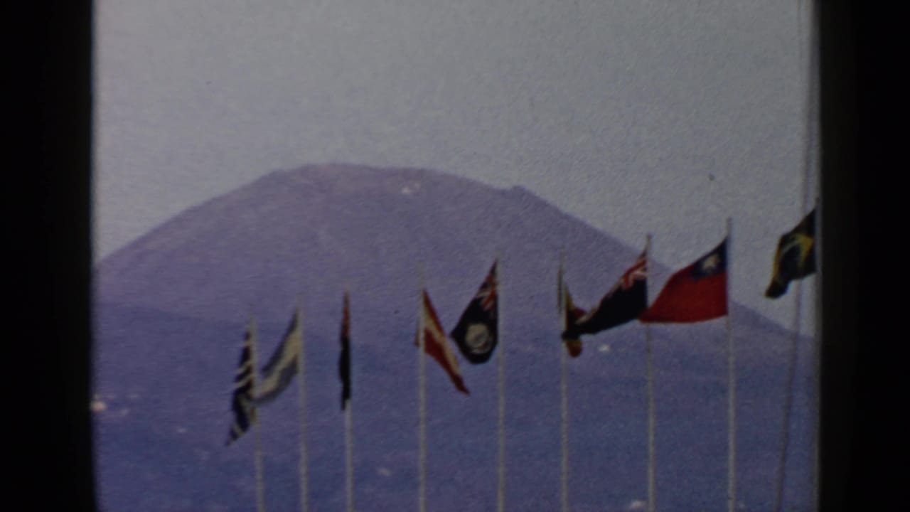 International flags on poles with a hazy mountain behind them.