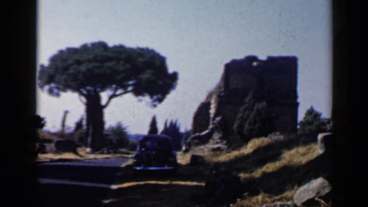 Ancient stone ruins beside a tree and a dark classic car on a road.