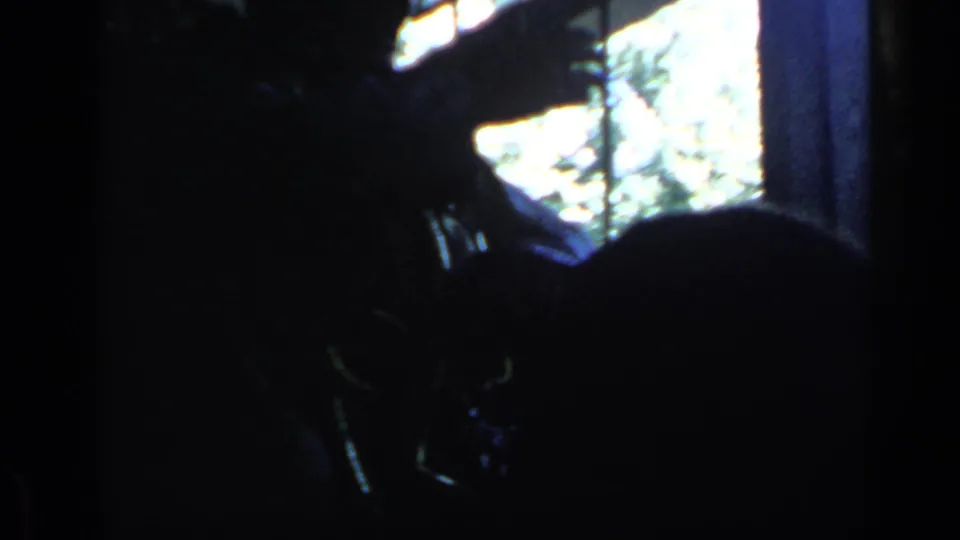 Dim 8mm frame from Rome showing a silhouetted figure or object beside a bright window with outdoor foliage beyond.