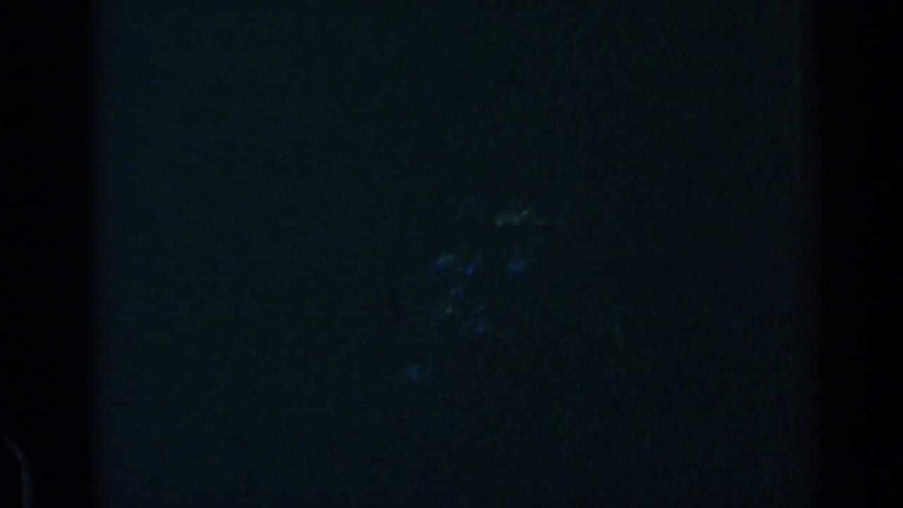 Very dark frame with faint silhouettes and blue-black film exposure.
