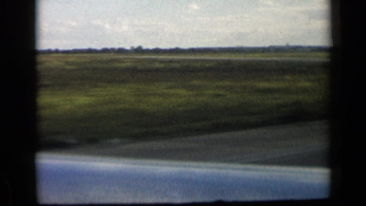 Blurred green fields and pale sky seen through dark window-like borders from a moving vehicle.