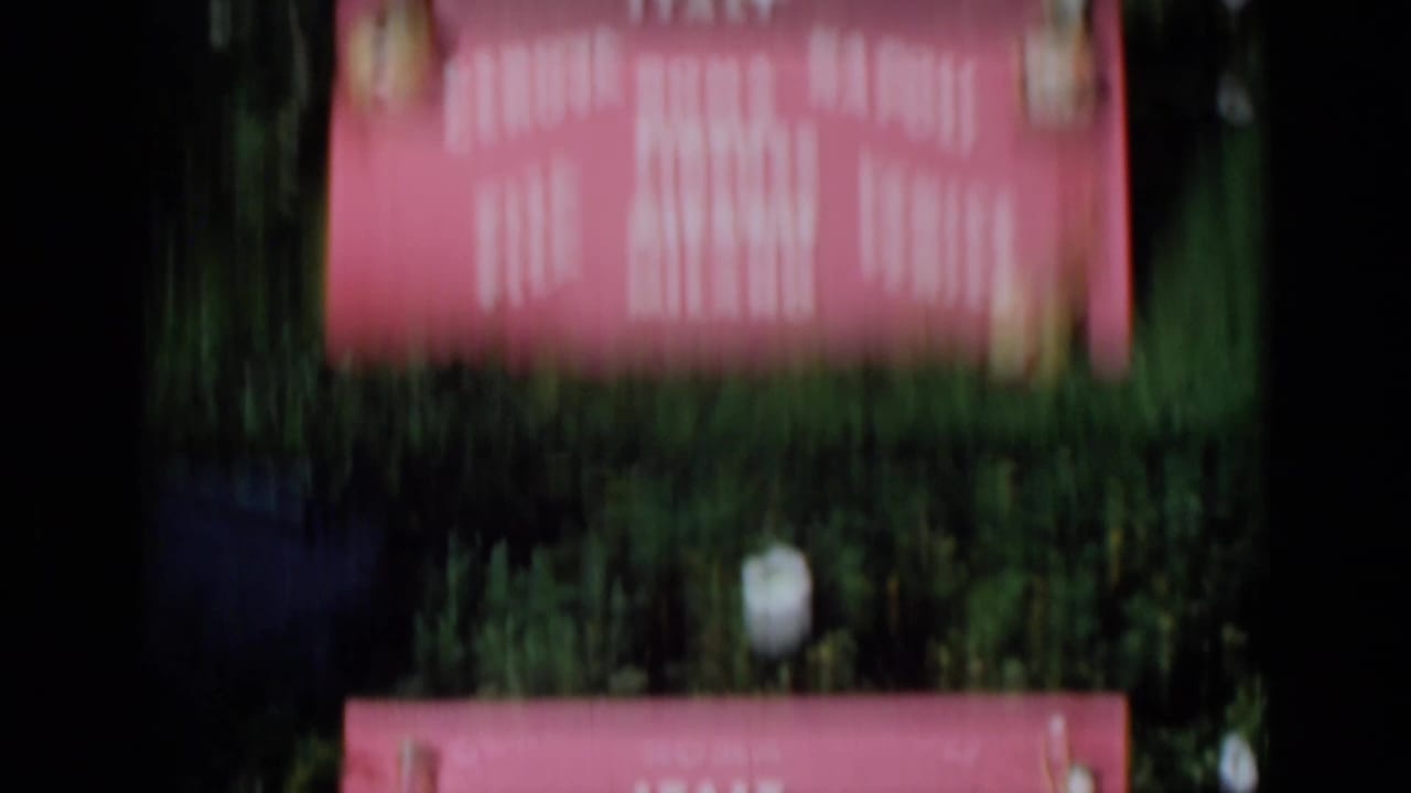 Soft, blurred view of a pink sign partly hidden by greenery and dark frame edges.