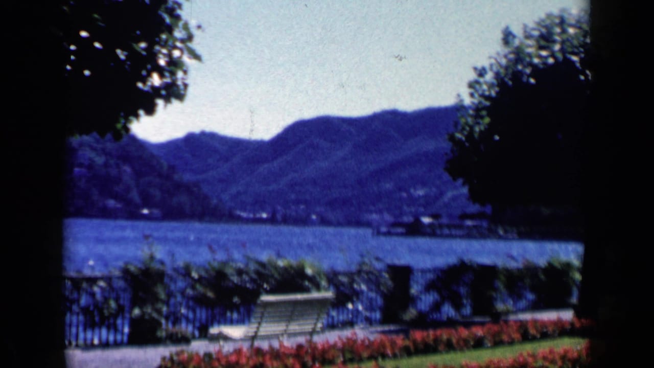 White bench by red flowers and iron railing beside a blue lake with mountains beyond.