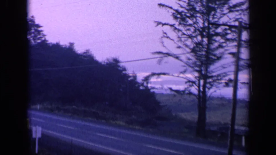 1963 California home-movie frame showing a roadside view with tall trees, utility poles, low fields, and a purple coastal sky.