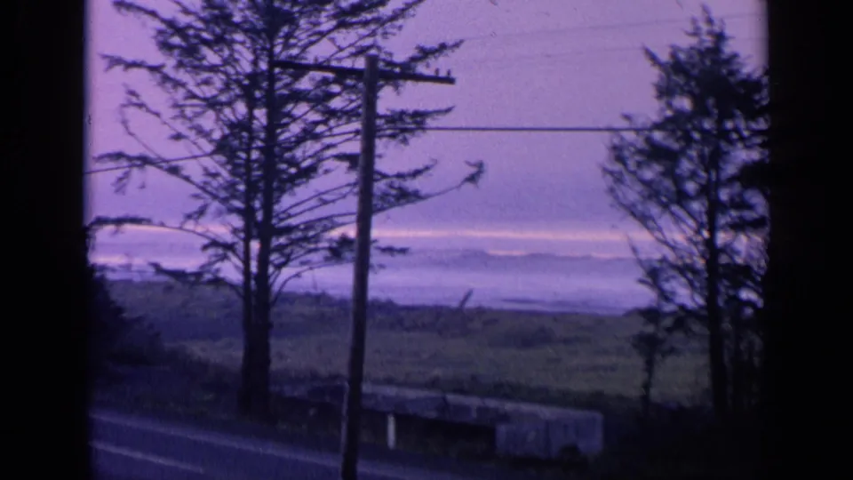 Mid-clip 1963 California frame with a roadside utility pole, evergreen silhouettes, open field, and pale purple sky near the coast.