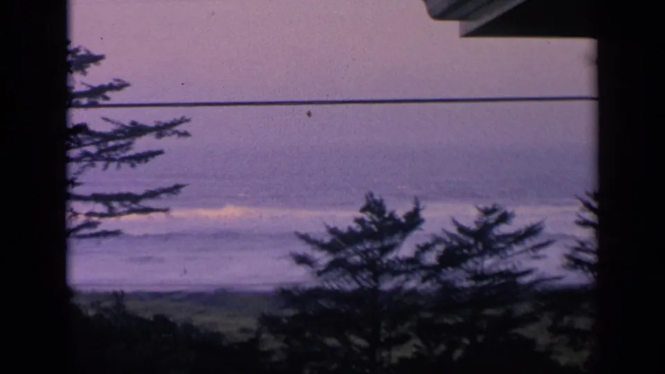 1963 California 8mm frame looking past dark window edges and coastal trees toward a cloudy ocean horizon.