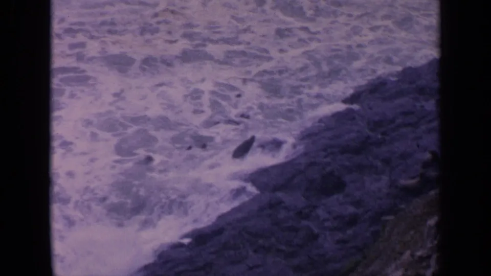 Rocky California shoreline in 1963 home-movie footage, with foamy surf and a sea lion visible near the rocks.