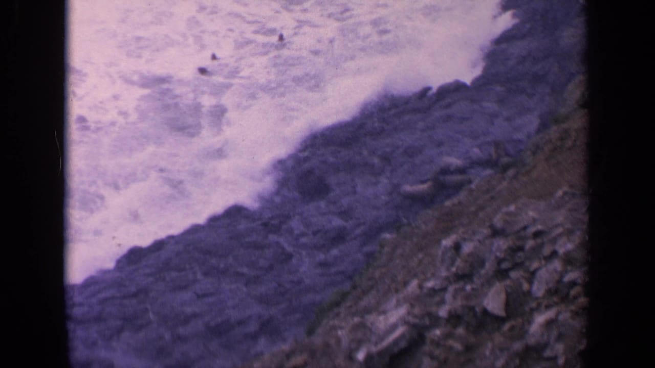 Waves break beside dark rocks and a sloped coastal bank in a soft 8mm frame.