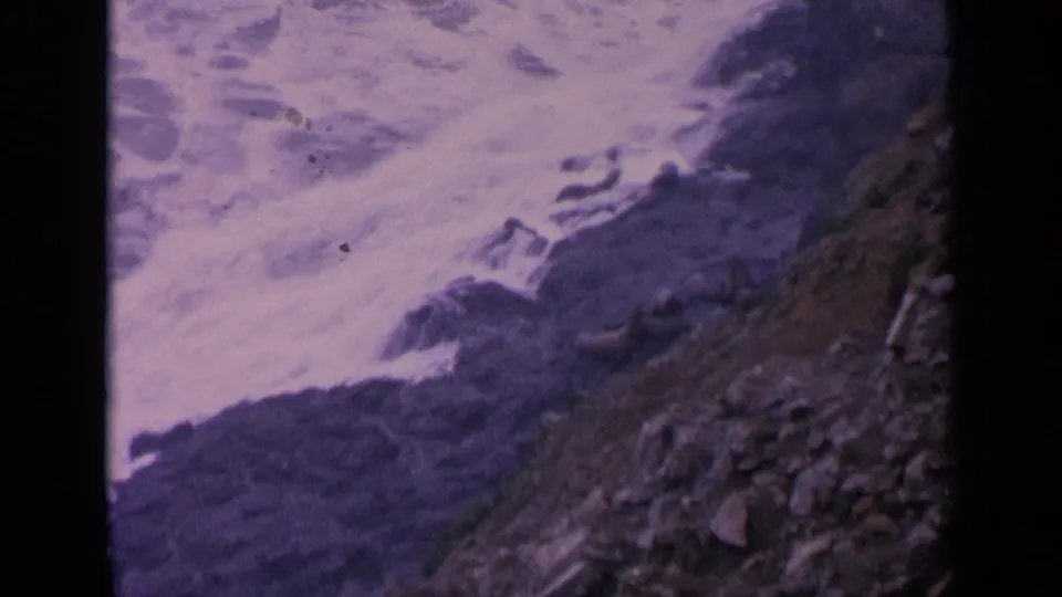 A 1963 California coastal view shows pale surf, dark rocks, and sea lion shapes along the rocky edge.