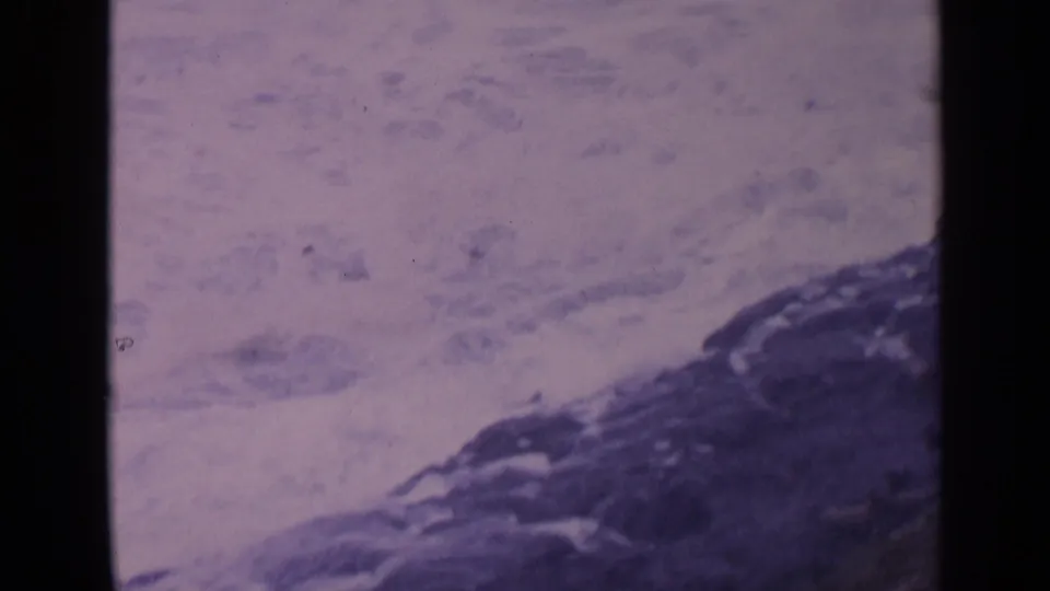 The 8mm frame holds a close view of waves breaking over dark California shoreline rocks, with strong grain and a purple shifted palette.
