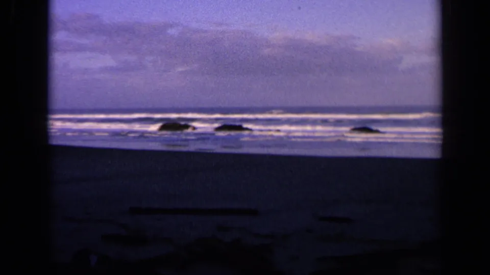 The view widens to a California beach at dusk, with low surf lines, dark offshore rocks, sandy foreground, and a purple-tinted sky.