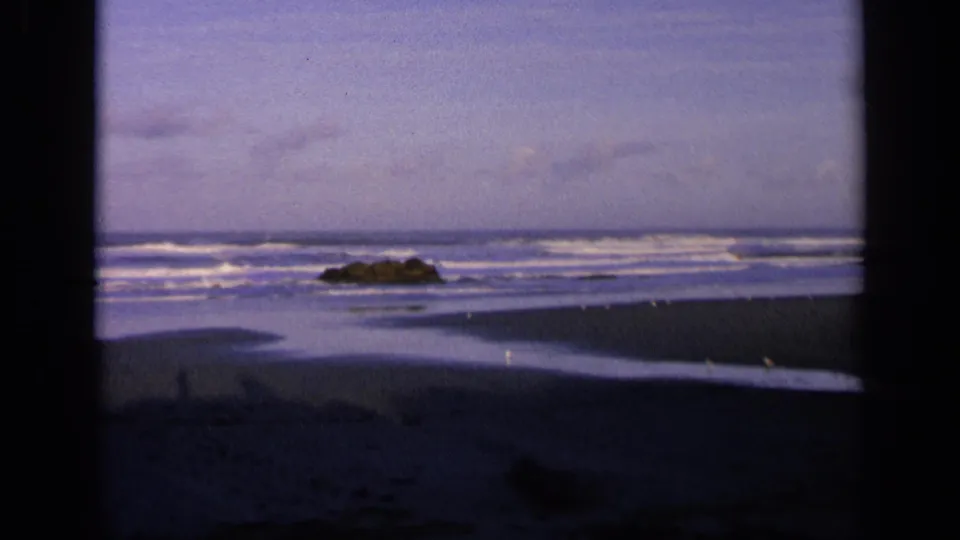 1963 California coast footage shows gentle surf and wet beach sand seen through a dark frame, with birds scattered near a low rock formation.