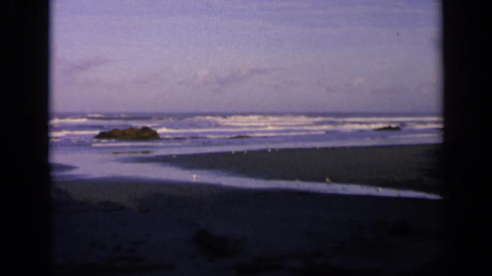 A 1963 8mm California shoreline frame shows blue-purple surf, a wet sandy beach, birds, and dark rocks from a shaded interior viewpoint.