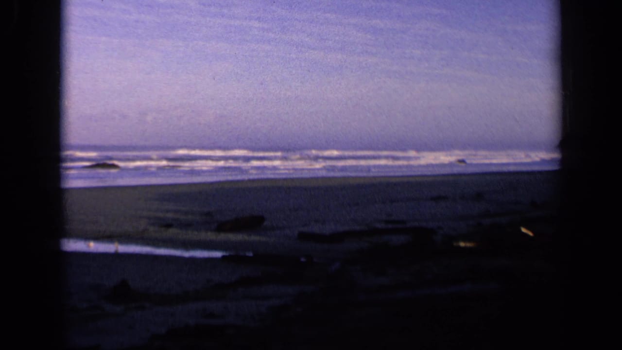 Ocean surf and shoreline seen through dark framing, with scattered beach debris in the foreground.