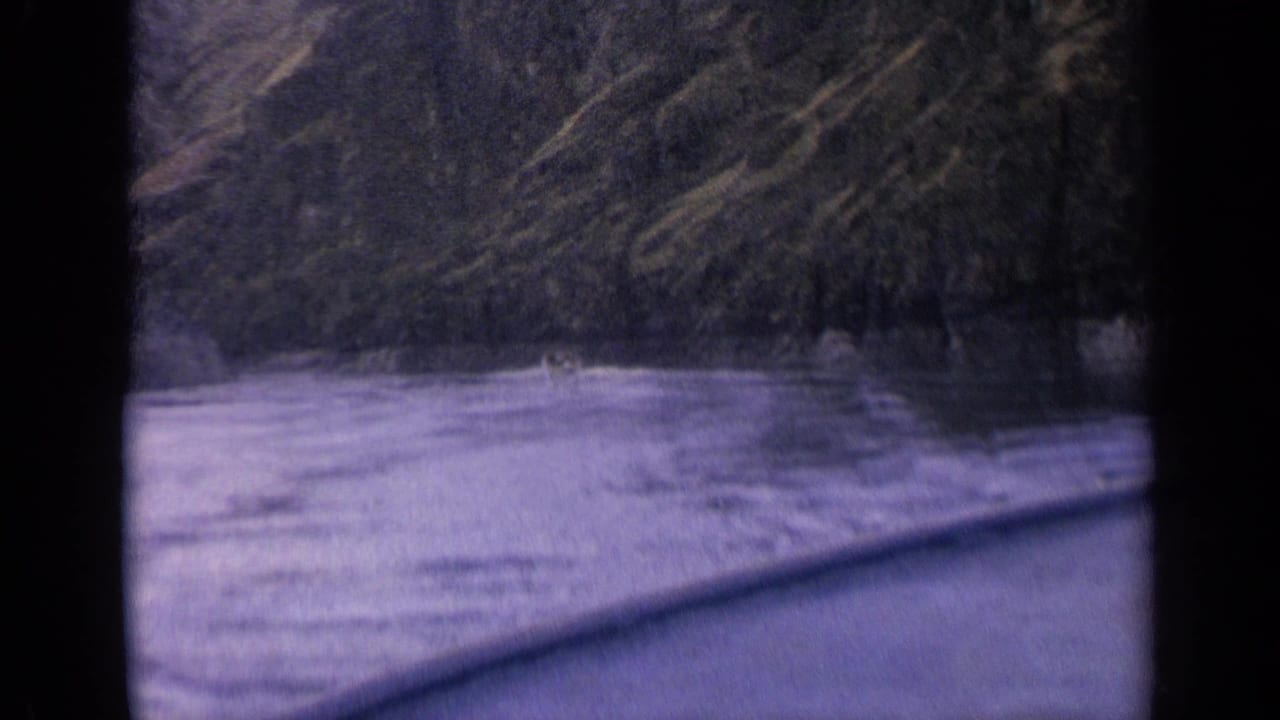 1963 Idaho boat-view frame showing rippled blue water in the foreground and a dense wooded riverbank beyond.