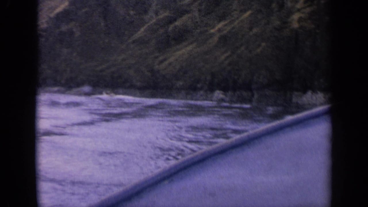 Canoe bow angled along choppy rapids with trees on the riverbank.