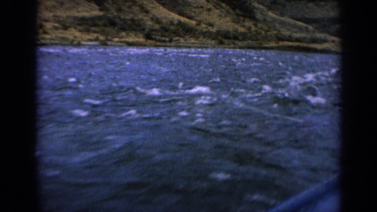 Choppy river surface with whitecaps and a rugged shoreline in the background.