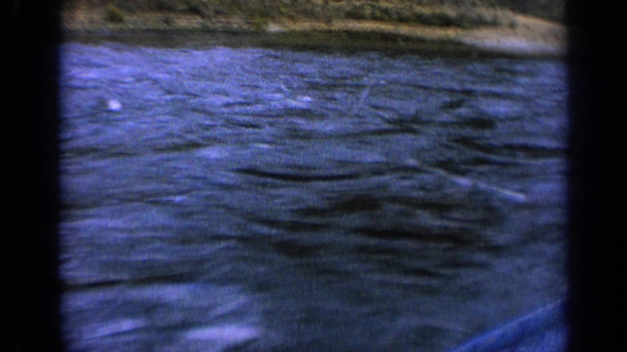 Soft 8mm frame from 1963 Idaho showing wind-textured blue water and a thin distant shoreline near the top.