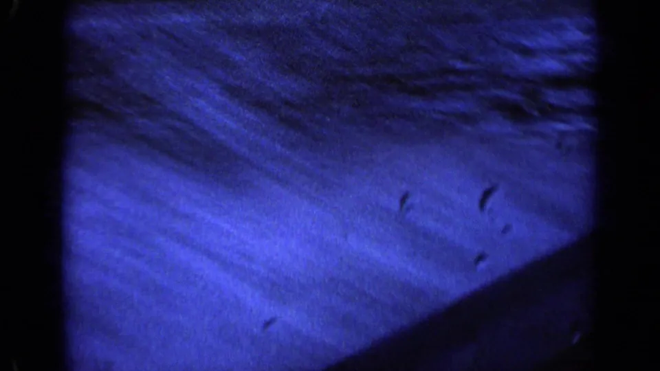 1963 Idaho 8mm frame showing blue moving water, dark borders, and a shadowed lower corner from the boat-perspective shot.