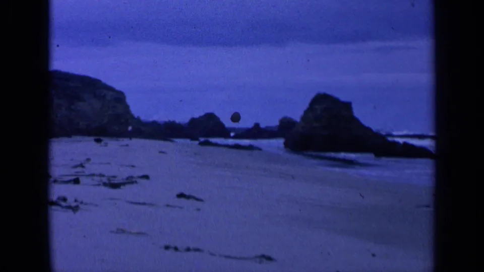 Blue-toned coastal beach scene with waves, scattered driftwood, and rocky headlands or offshore rocks under an overcast sky.