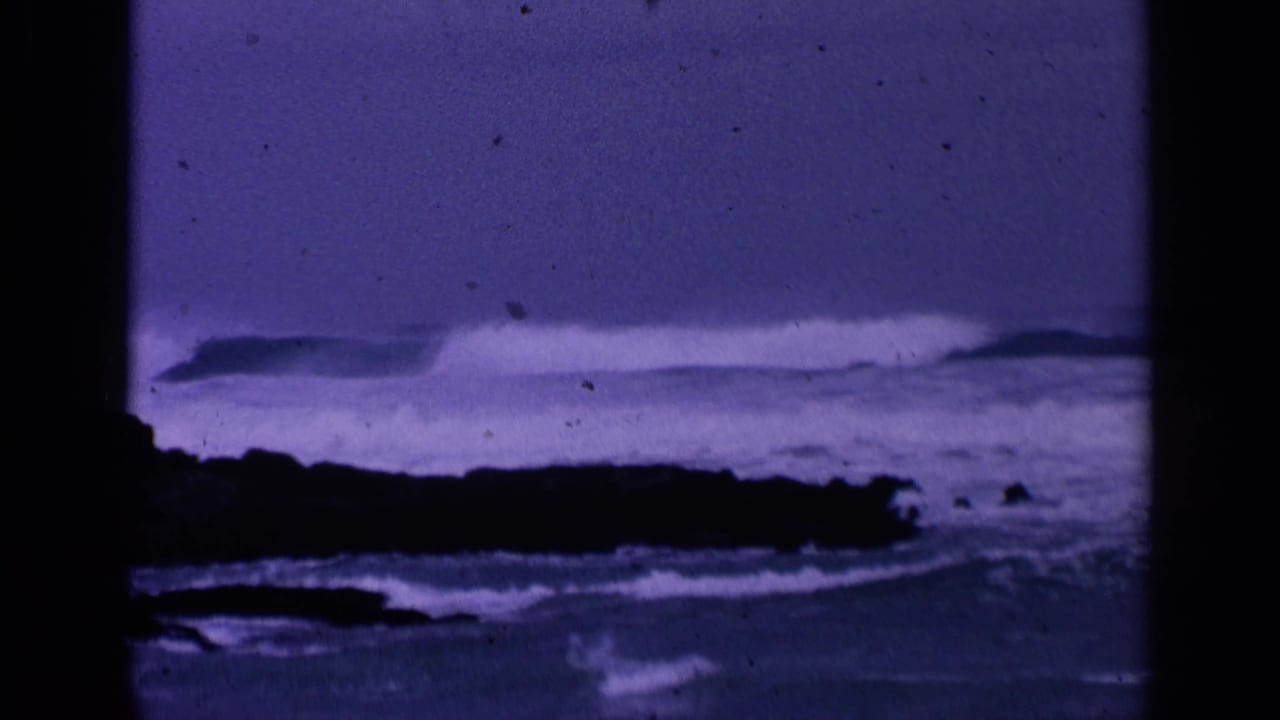 Purple-tinted ocean waves breaking behind dark shoreline rocks.