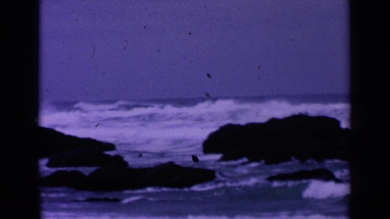 Dark rocks and foamy waves under a purple-blue sky.