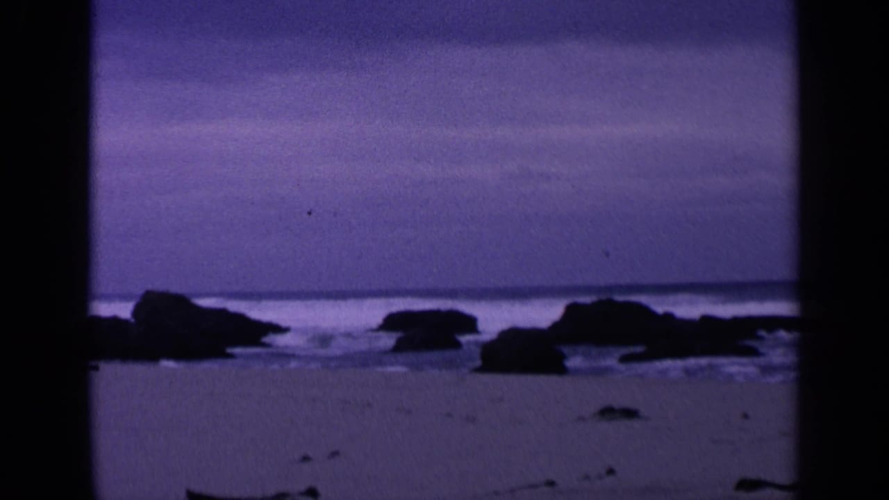 Distant waves roll behind dark rocks on a sandy beach under a purple overcast sky.