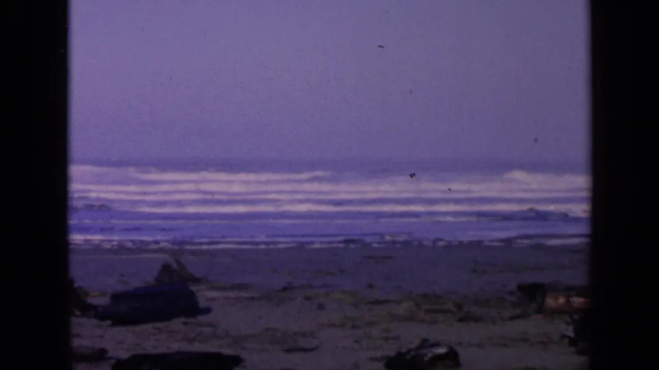 1963 8mm coastal frame from the San Francisco area showing surf, open beach, driftwood, and purple-tinted sky.