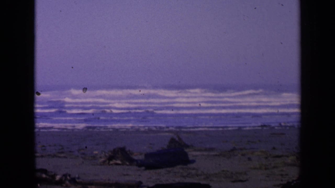 1963 San Francisco coastal frame showing dark sand, driftwood, breaking surf, and a sea stack in the distance.