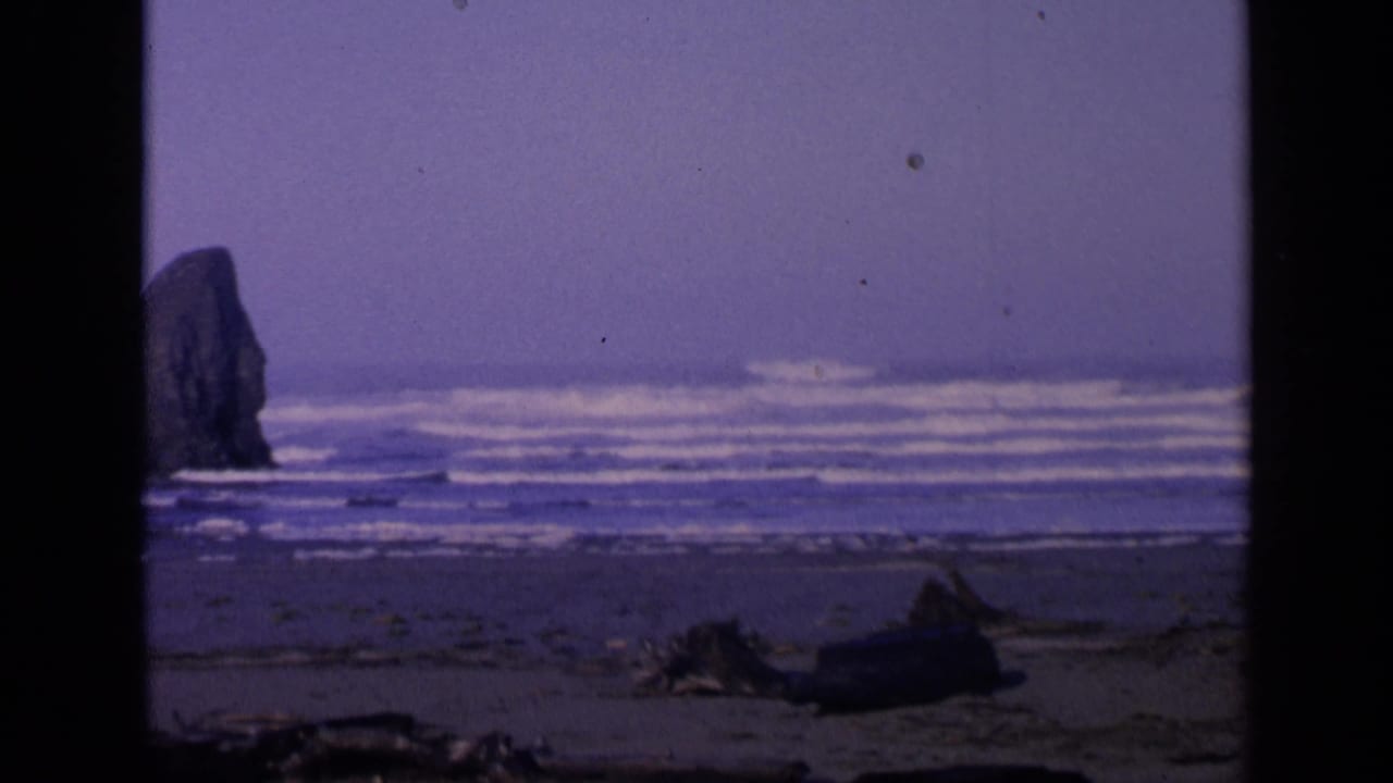 1963 San Francisco beach view with a sea stack rising from rough Pacific surf and driftwood in the foreground.