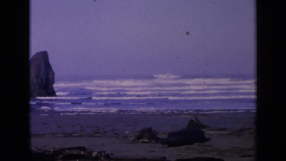 1963 San Francisco beach view with a sea stack rising from rough Pacific surf and driftwood in the foreground.