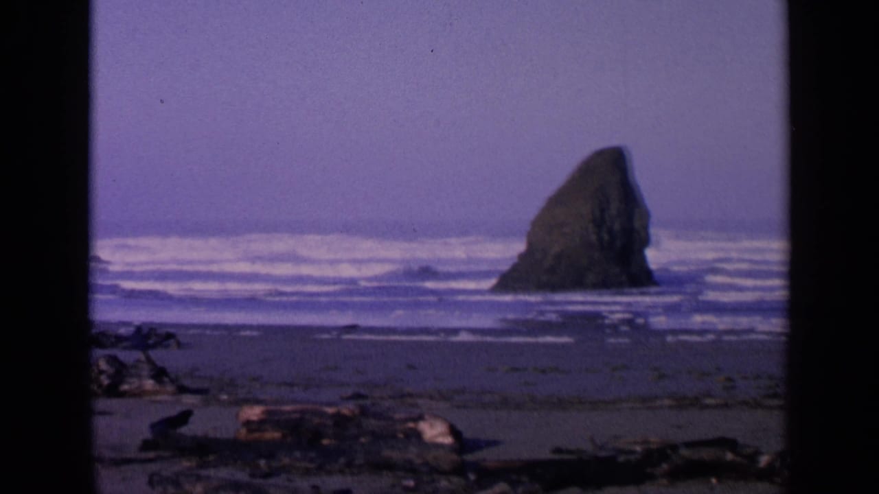 Offshore sea stack centered beyond surf and a dark strip of beach debris.