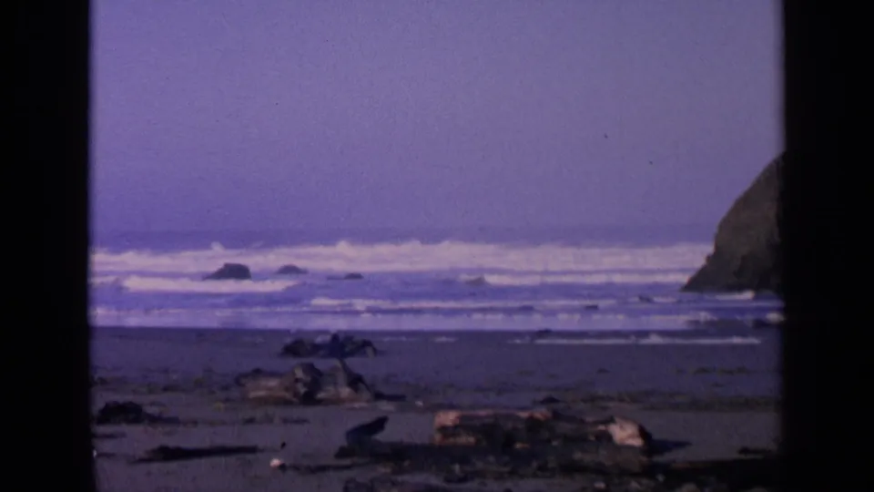 Static 8mm coastal frame showing layered waves, wet beach, driftwood, and the sea stack partially cropped at the right edge.
