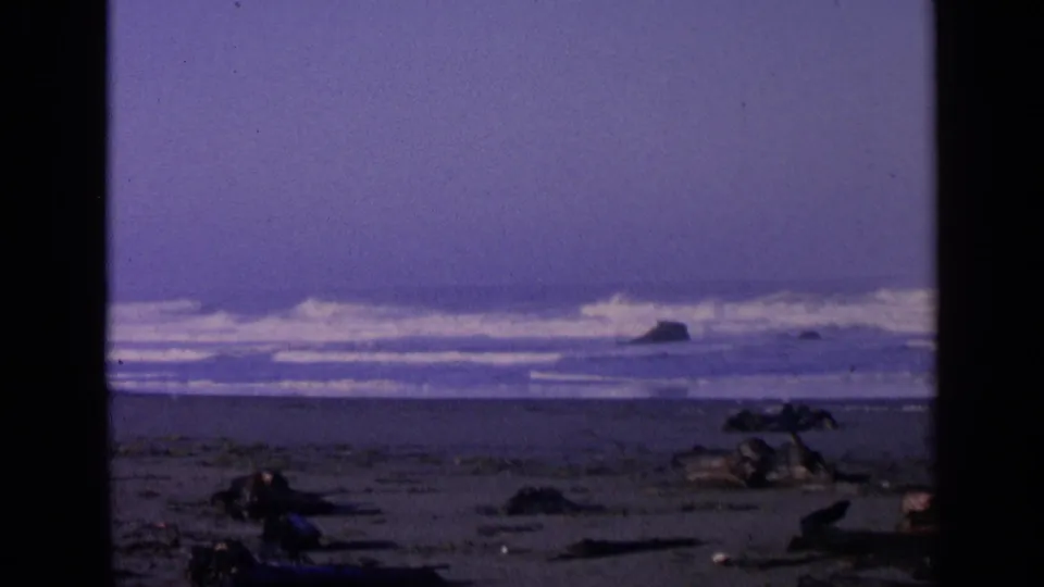 1963 San Francisco 8mm beach view with distant breakers, an offshore rock, driftwood, and a soft purple-blue color cast.