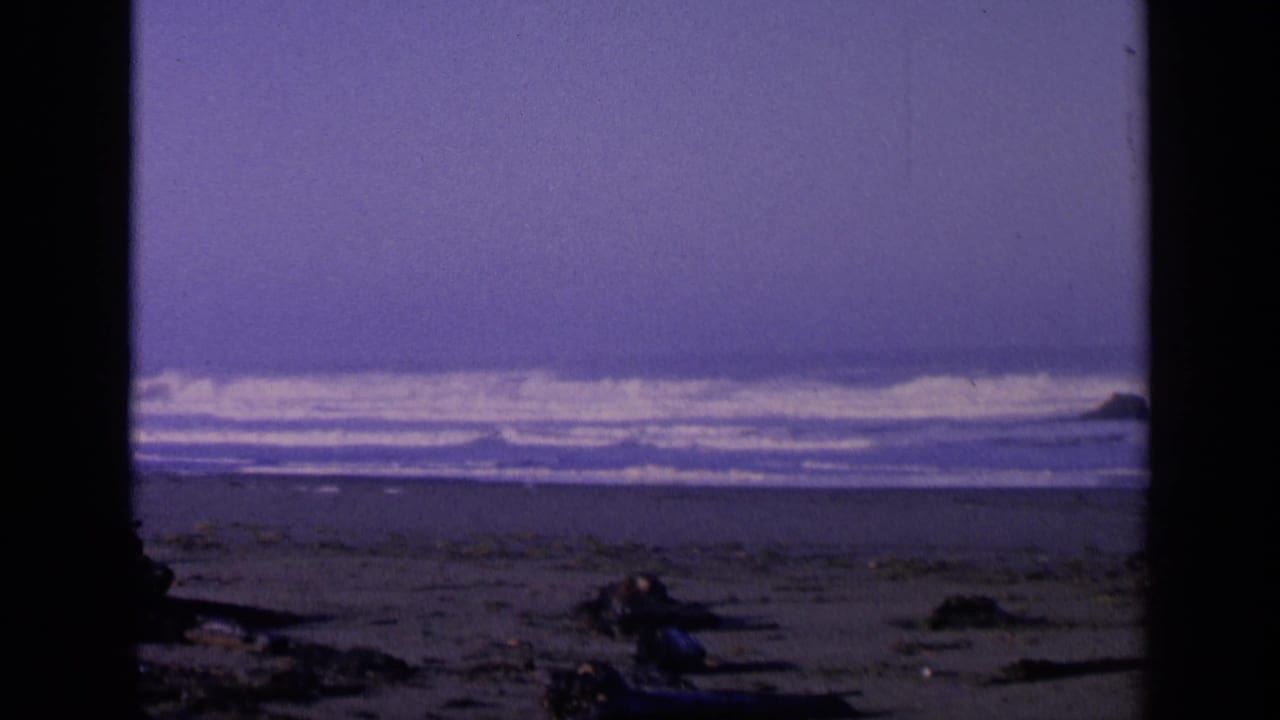 1963 San Francisco beach view on 8mm film, showing low surf, dark driftwood, rocks, and a cool purple-blue sky.