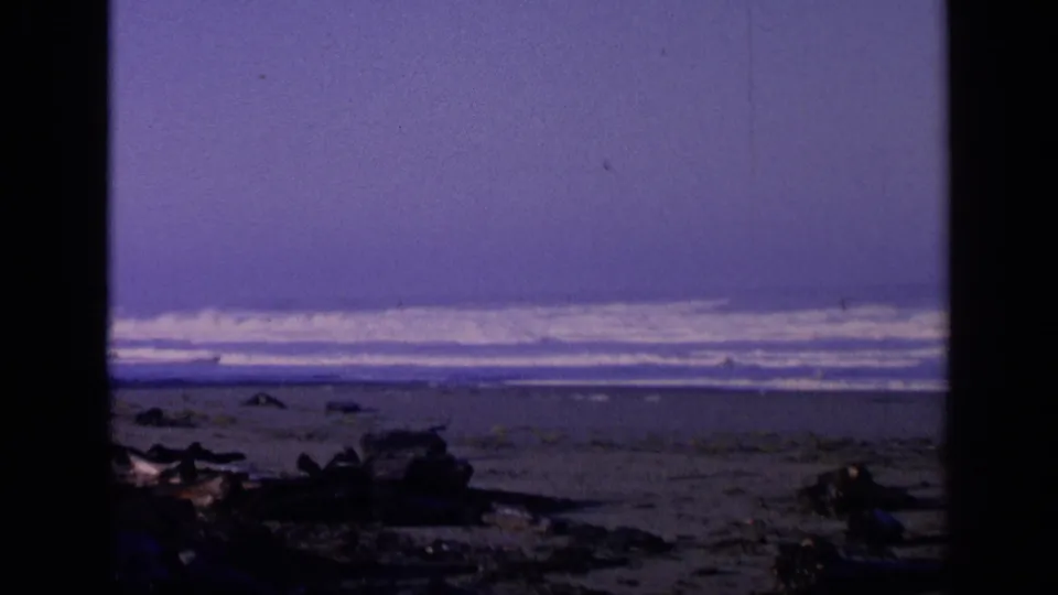 Cool-toned 8mm view of a San Francisco beach, with a long surf line and dark driftwood near the lower frame.