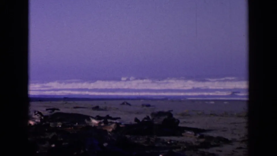 1963 8mm home-movie frame of a dark rocky shoreline and distant surf, likely in the San Francisco area.