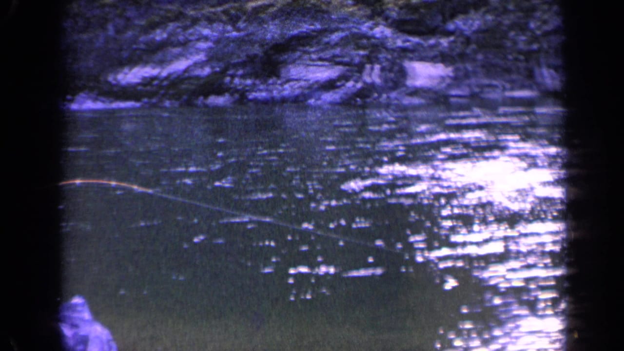 The final frame emphasizes reflective river water and the fishing line, with only part of the fisherman and shoreline visible.