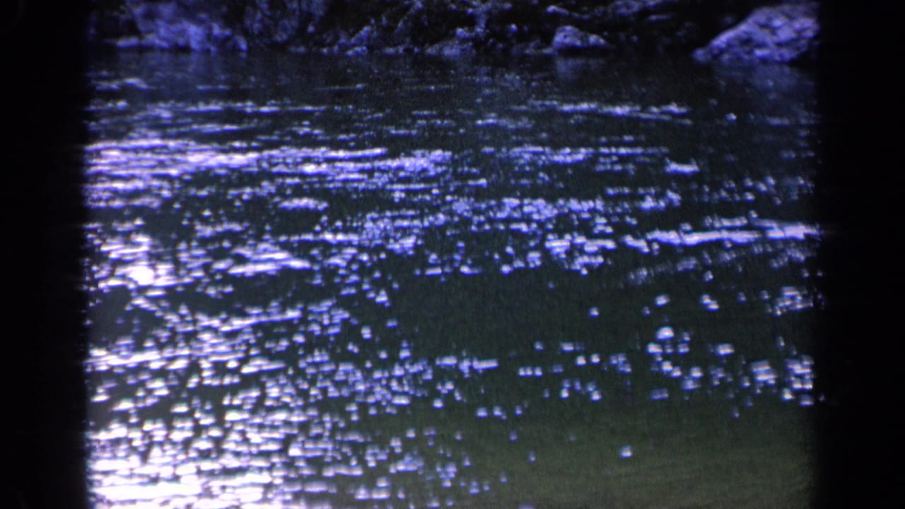 1963 Washington home-movie frame with shimmering reflected light on rippled pond water and a dark natural edge at the top of frame.