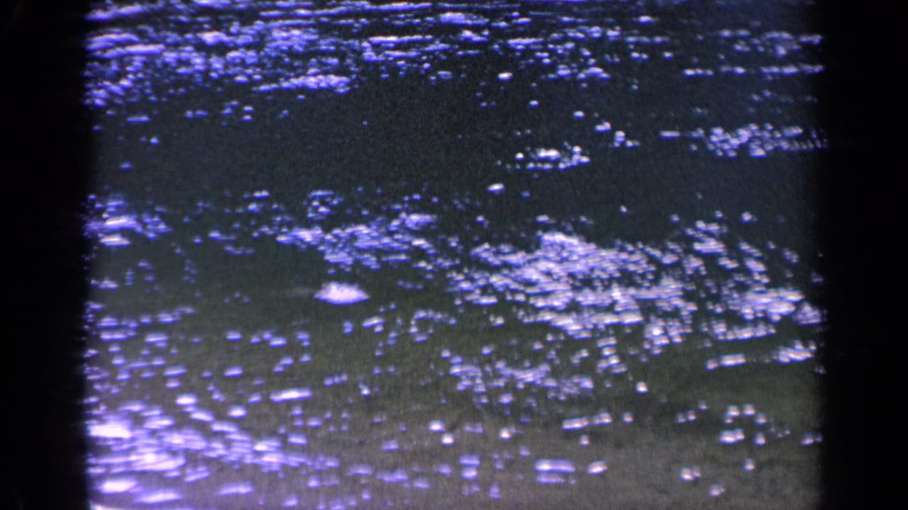 Purple-blue ripples and bright reflections on a dark water surface.