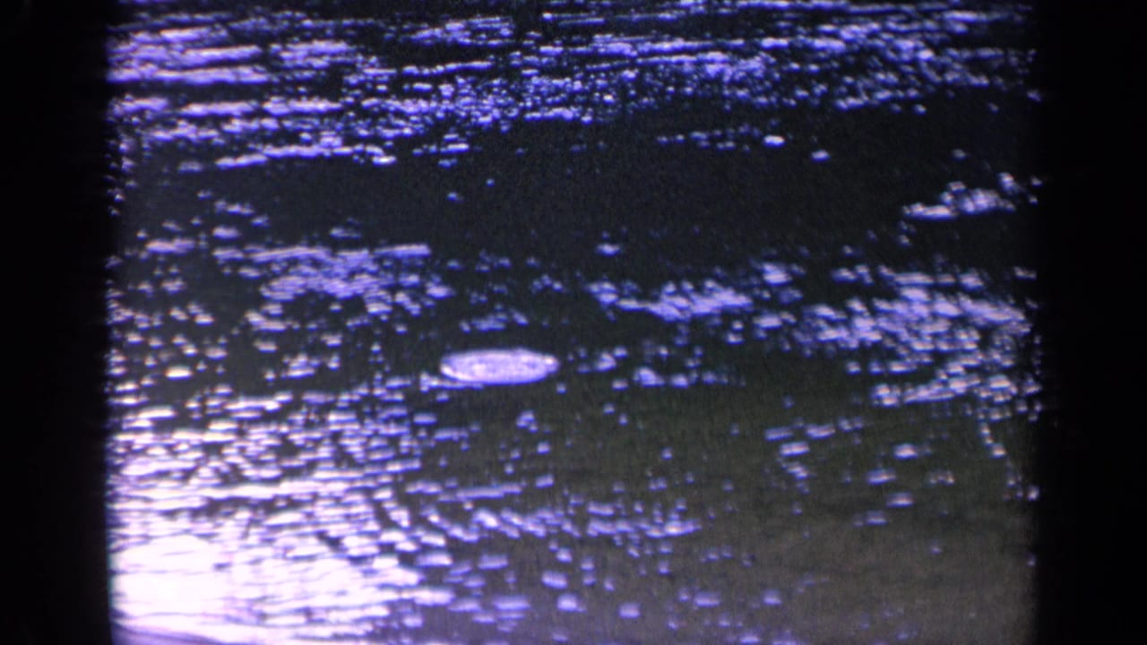 1963 Washington 8mm frame showing rippled water, a bright lower-left reflection, and purple-blue archival color shift.