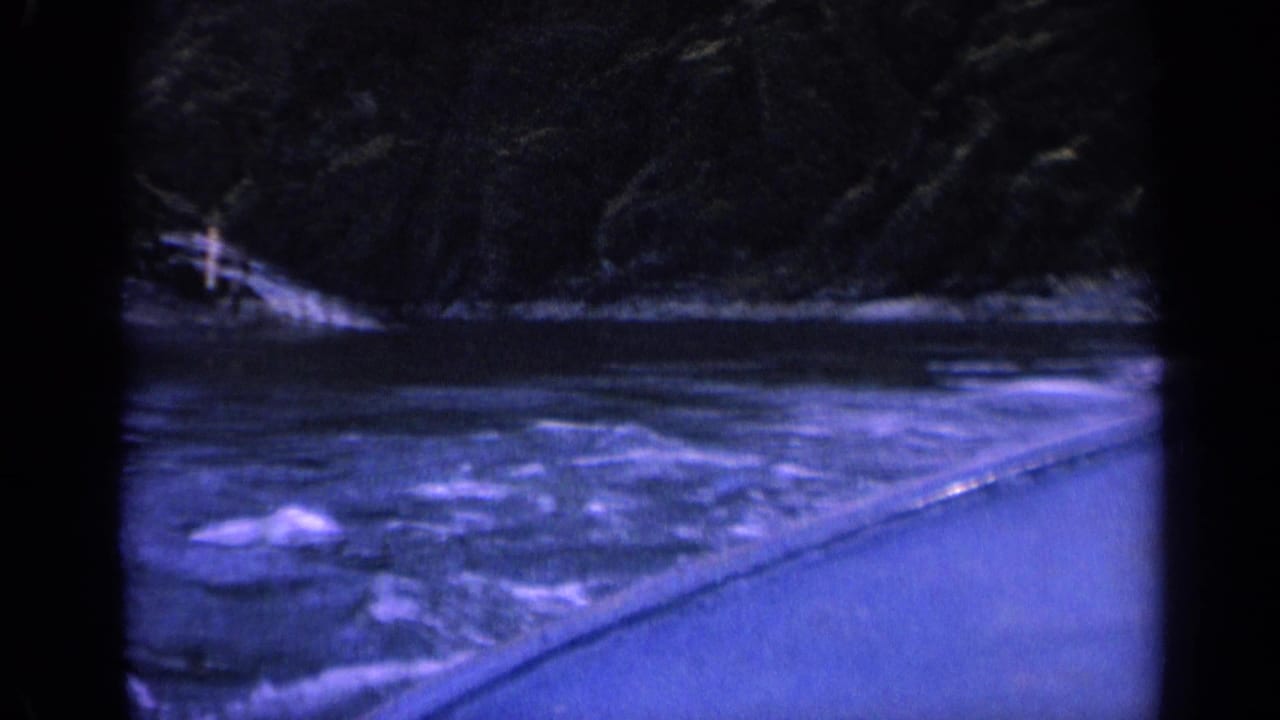 River water and rocky forested bank seen from a moving boat.