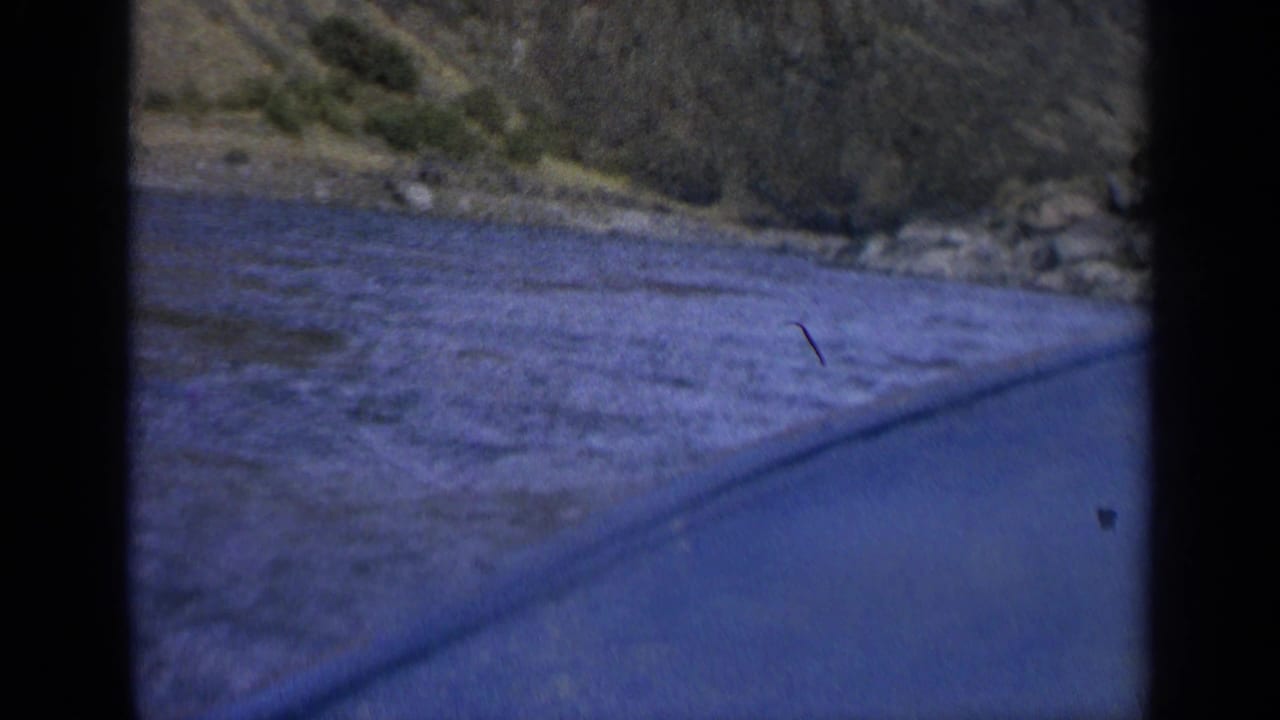 1963 Washington 8mm frame showing river water, shoreline rocks, and a rugged hillside viewed from a moving boat.