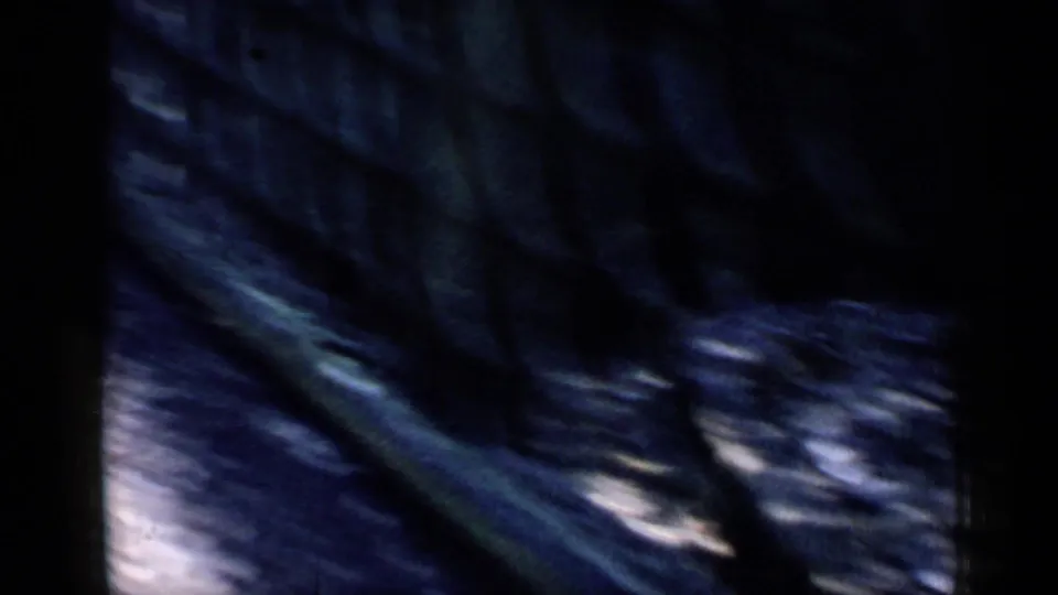 Blurred 8mm frame from the animal park sequence, showing shadowed ground or enclosure surfaces with motion smear.