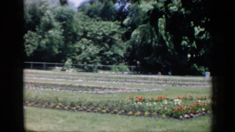 Soft 8mm frame of a Chicago garden lawn with flower beds, paths, and trees, with distant parkgoers barely visible.