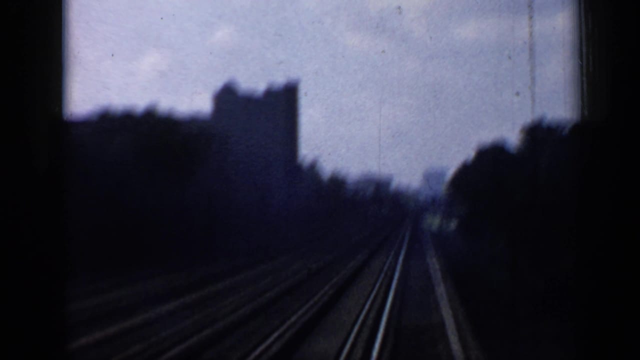 Rail tracks receding between dark trees and distant building silhouettes.